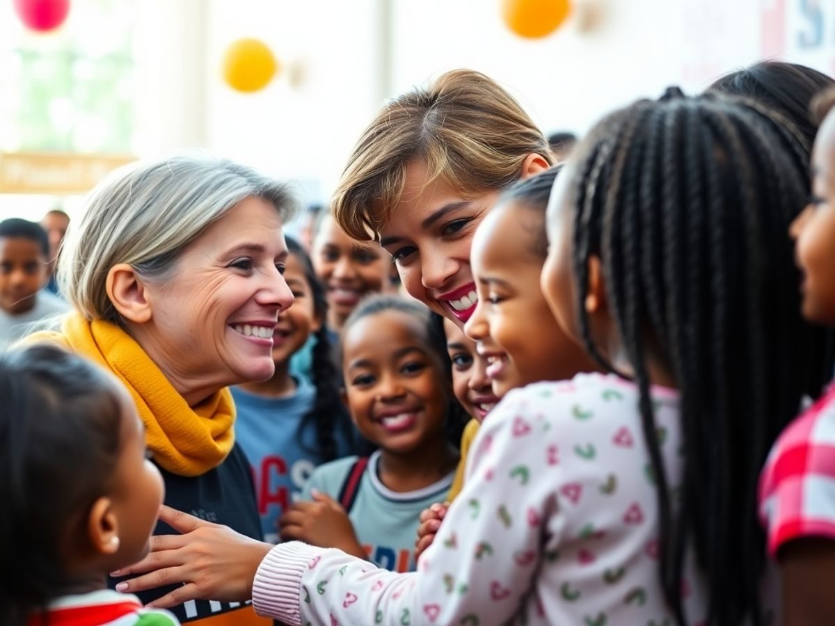 Celebritate colaborând cu copii la un eveniment caritabil.