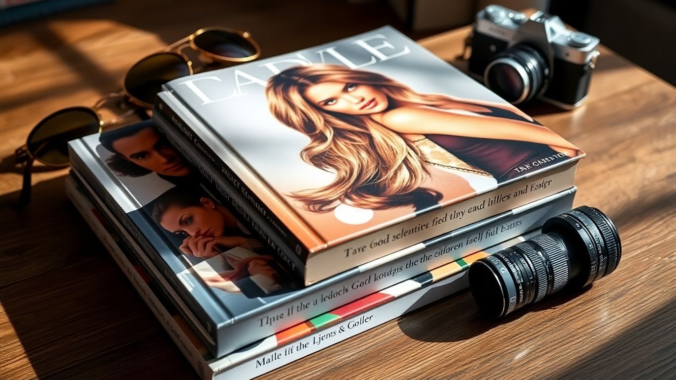 Cărți biografice ale vedetelor pe o masă de lemn.